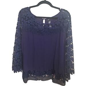 🌿 Navy Blue Lace Cottagecore Blouse • Open Lace Front • Large